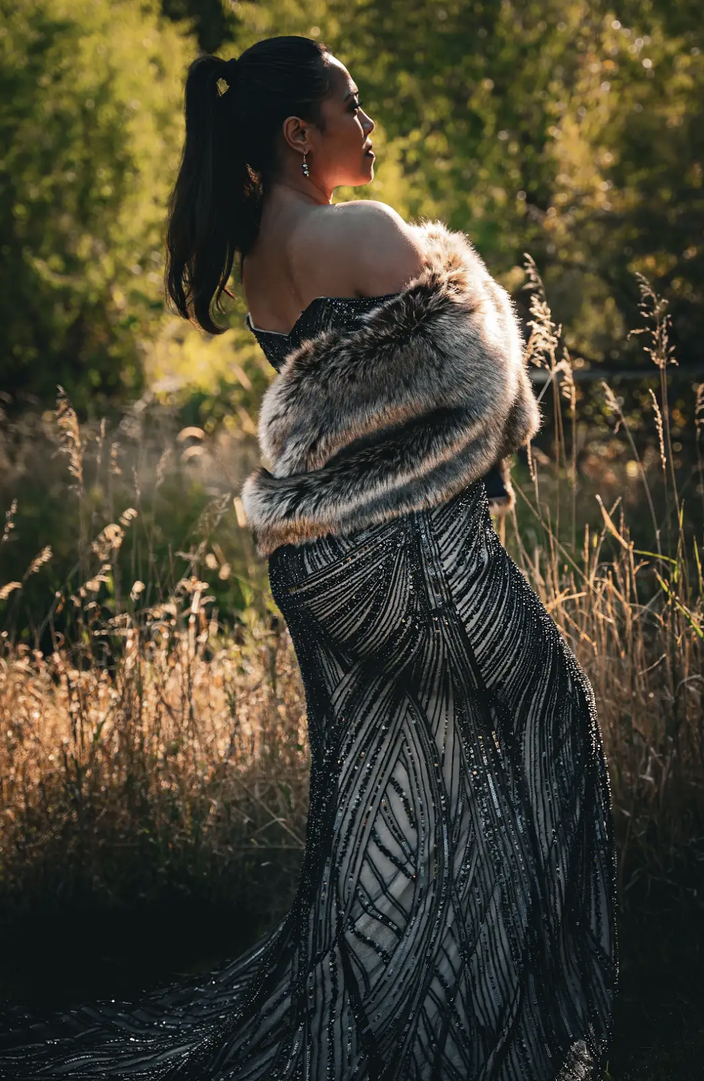 fitted black beaded gown