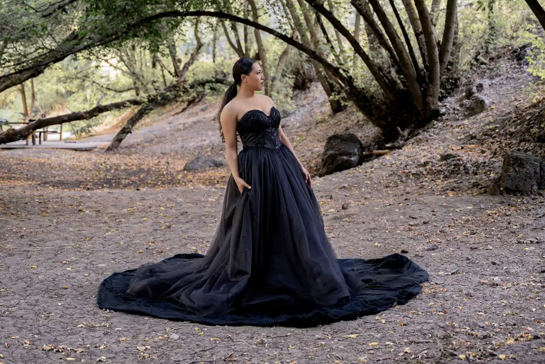 full frame photo of a strapless black gown