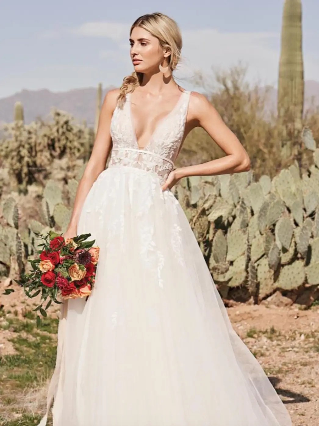 floral gown with the plunging neckline
